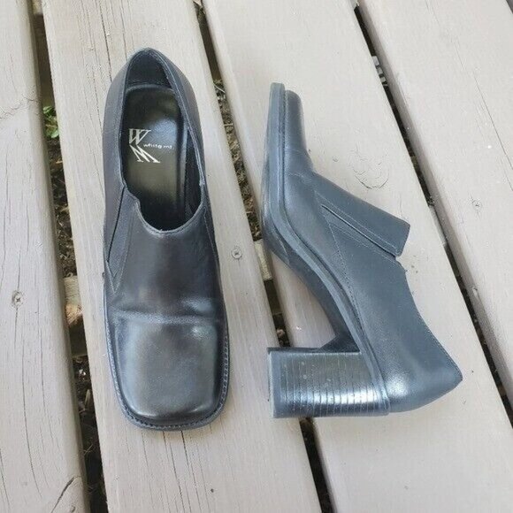 Vintage 90s y2k Square Toe Chunky Heel Black Leather Heeled Loafer Low Booties 7 - Picture 9 of 9